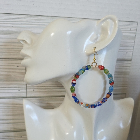 Millefiori Art Glass Oval Bead Hoop Earrings - Picture 3 of 9